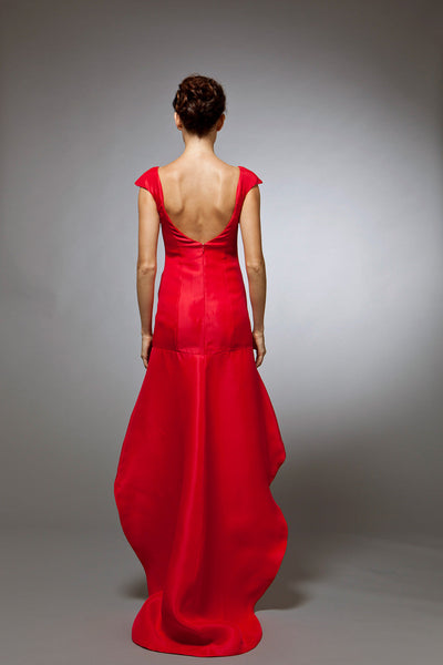 back view of Red silk gazar gown in New York