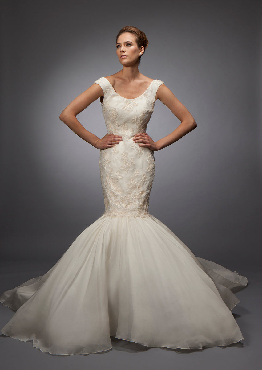 open lace back dress Lace and Organza Mermaid Bridal Gown 6 / Off White