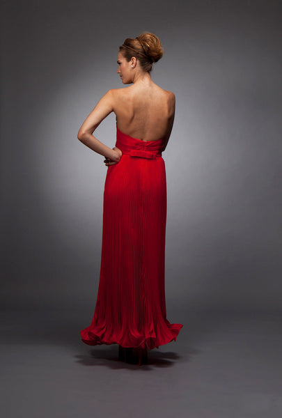 Red pleated silk gazar gown designer