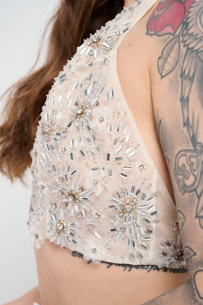 Couture Embroidered Crystal Top, V- Neck at Front with a sexy Open Back.
