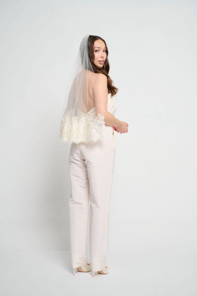 Bouquet Length Soft Italian Tulle Veil w/ Couture Bottom Lace Trim for Bride