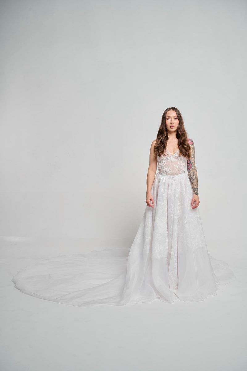 open lace back dress Modern Matte Satin Wedding Dress with Sheer Organza Overlay and Detachable Beaded Jacket