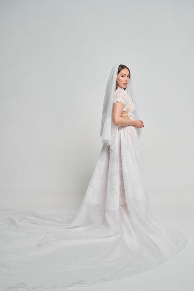 Bouquet Length Single Layer Silk Organza Veil w/ Couture Beaded Lace