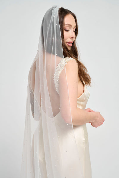 Sweep Floor Length Pearl Beaded Soft Italian Tulle Wedding Veil w/ Crystal Stones