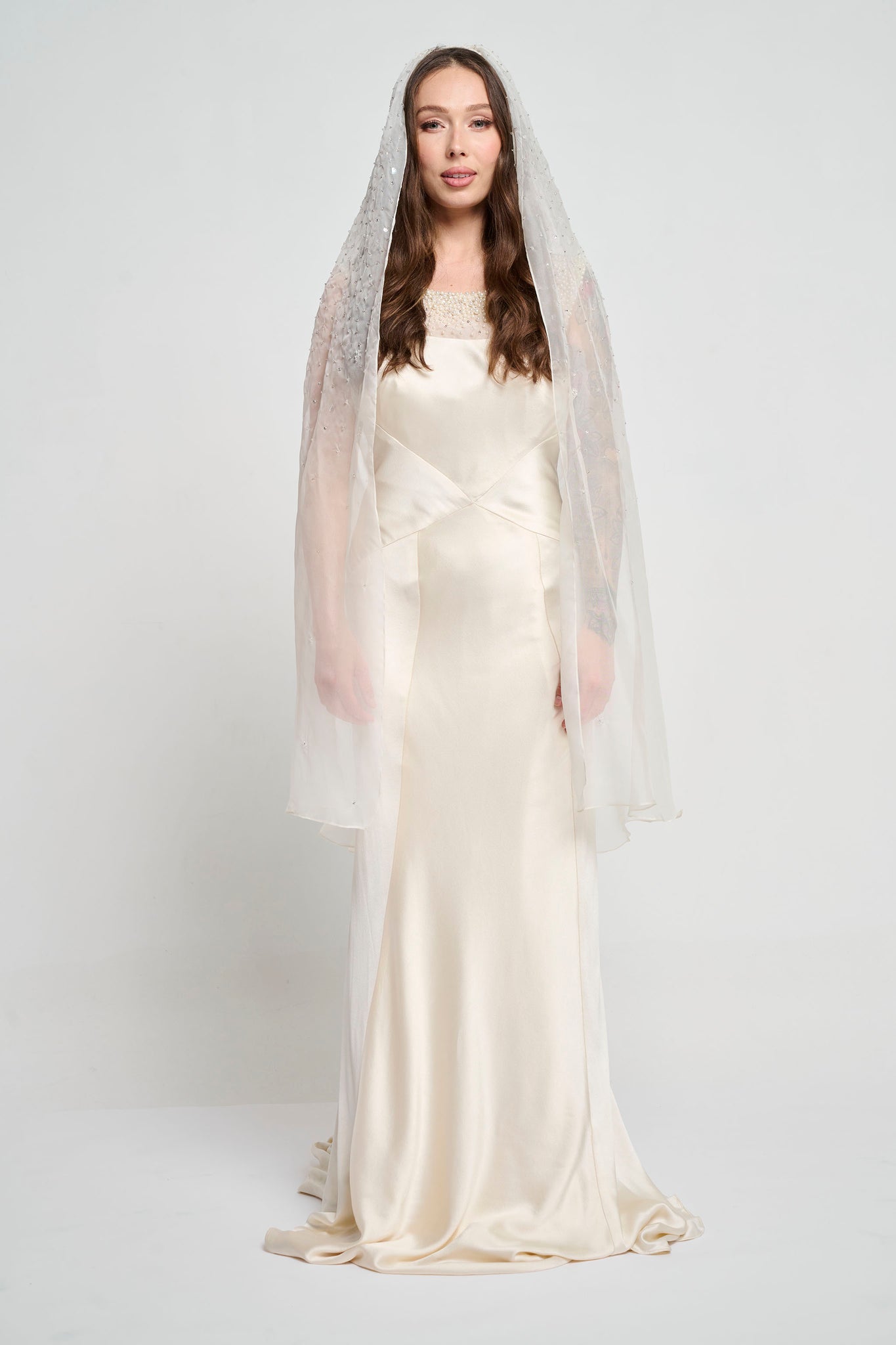 Bridal Ballet Length Beaded Silk Organza Embroidered Veil