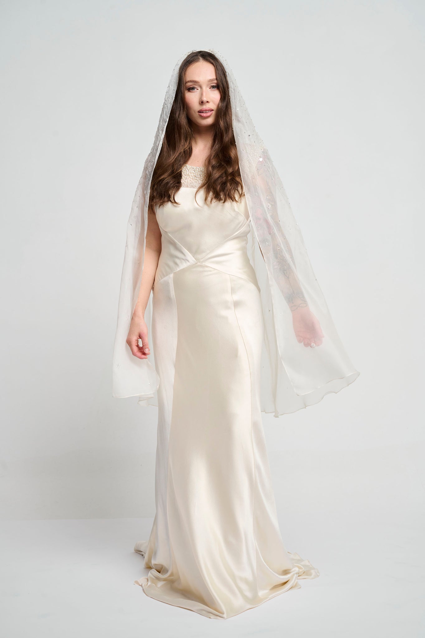 wedding dress silk organza Bridal Ballet Length Beaded Silk Organza Embroidered Veil