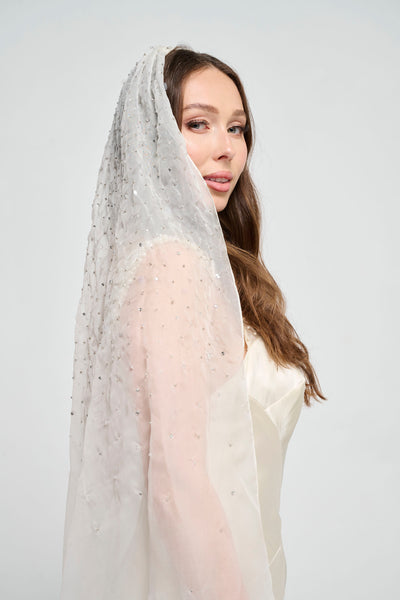 Bridal Ballet Length Beaded Silk Organza Embroidered Veil w/ Crystal Stones
