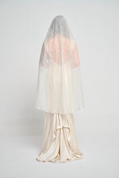 Bridal Ballet Length Beaded Silk Organza Embroidered Veil w/ Crystal Stones