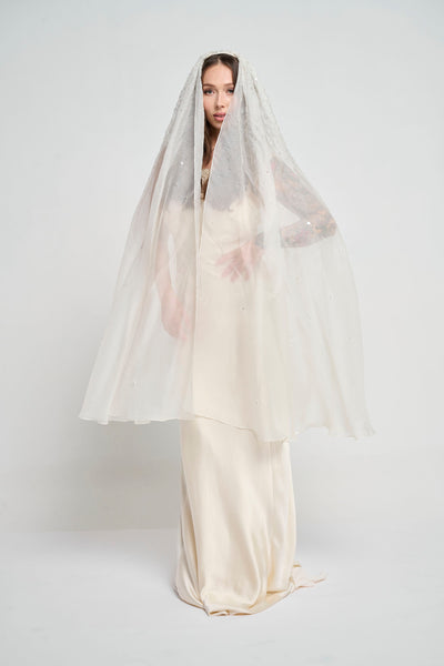 Beaded Silk Organza Ballet Waltz Length Wedding Veil w/ Embroidered Crystal Stones