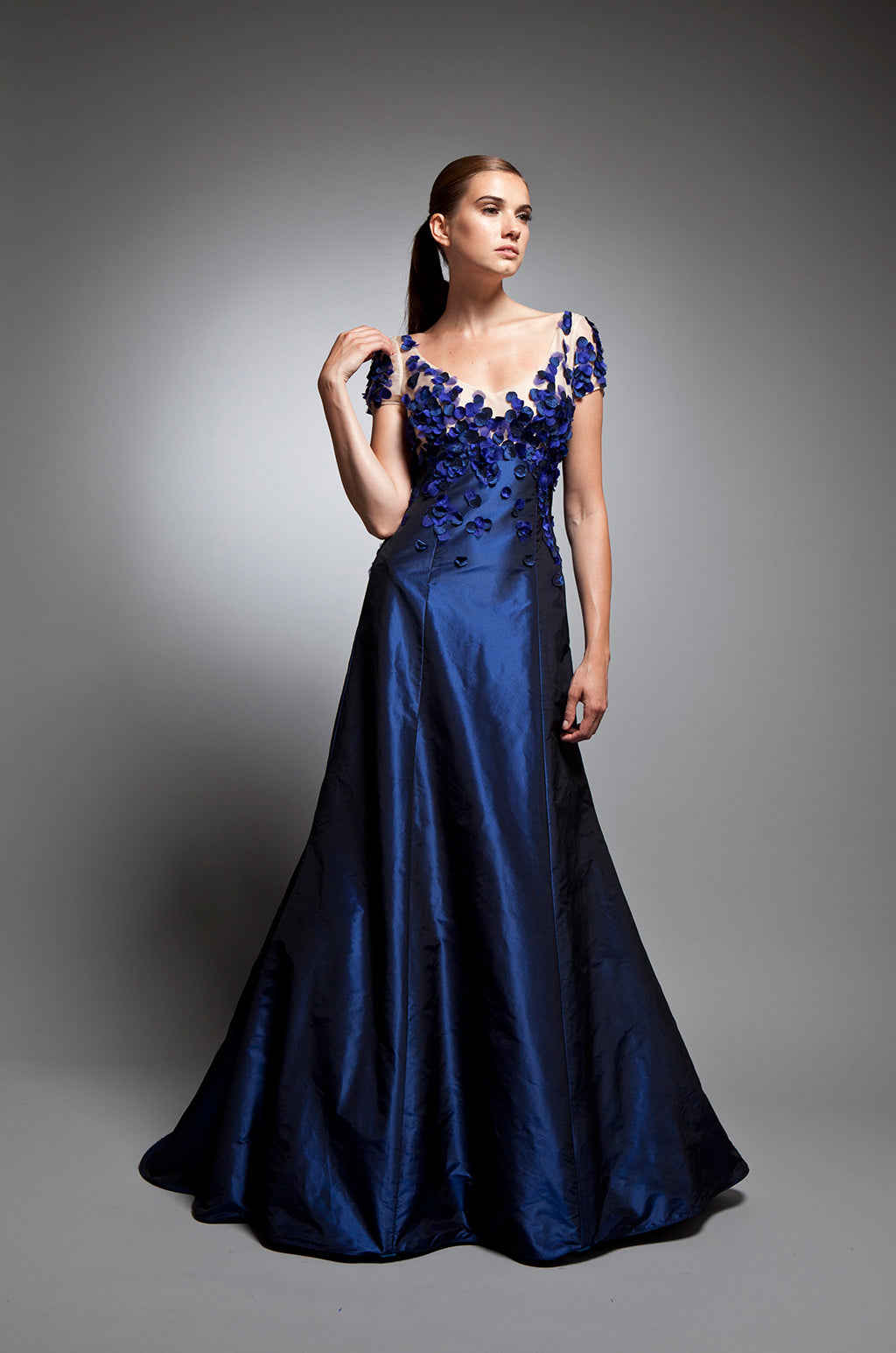 Blue Floral Silk Satin Organza Wedding Dress - Skylar Gown
