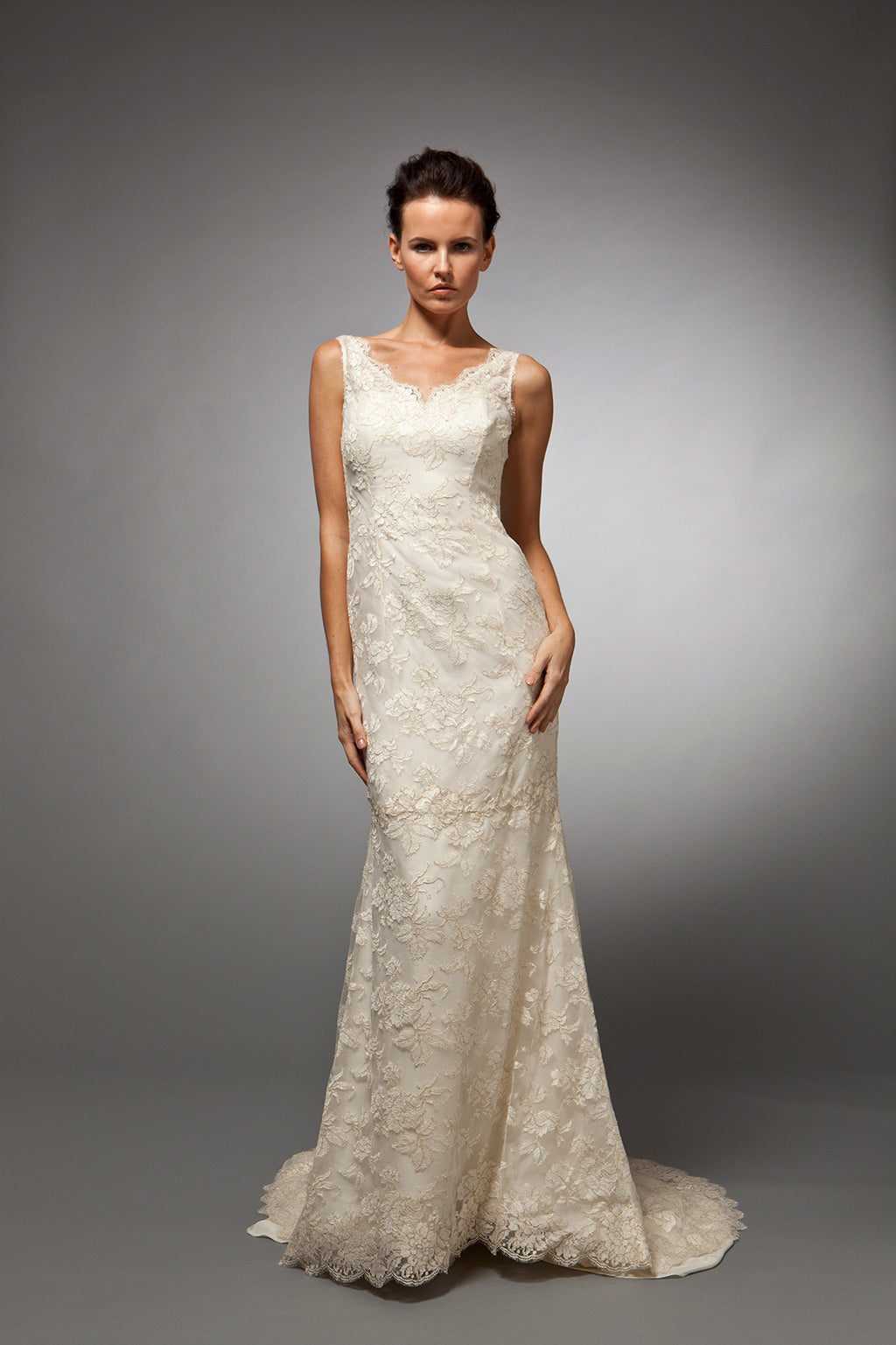 Emeline - Gold French Lace Sleeveless Gown