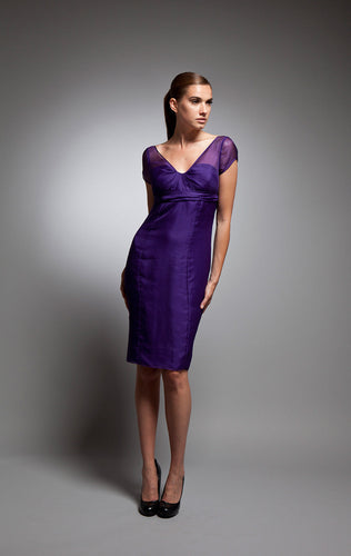 Caterina - Vivid Purple Silk Organza V-Neck Pleated Dress w/ Cap Sleeve - Size 6 (Sale)