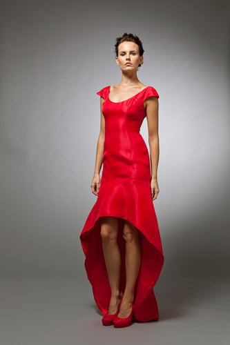 Red silk gazar custom gown near me