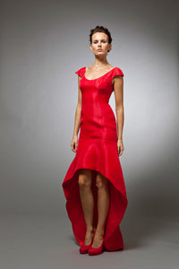  High Low Cutaway Cap Sleeves w/ Scoop Neck Red Silk Gazar gown near me new york