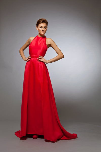 red silk dress wedding Red Silk Evening Gown Ingrid with Corset Bodice and High Slit