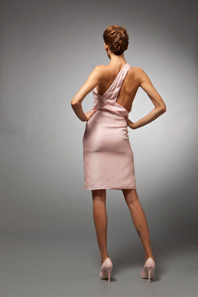 Noemie - One Shoulder Short Pink Silk Gazar Evening Cocktail Party Dress - Size 6 (Sale)