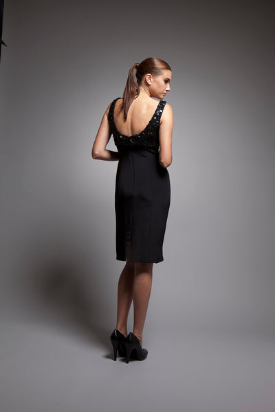 Emeline - Black silk crepe dress with sequined top