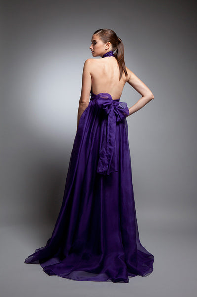 Vivid purple silk organza custom gown designer near me