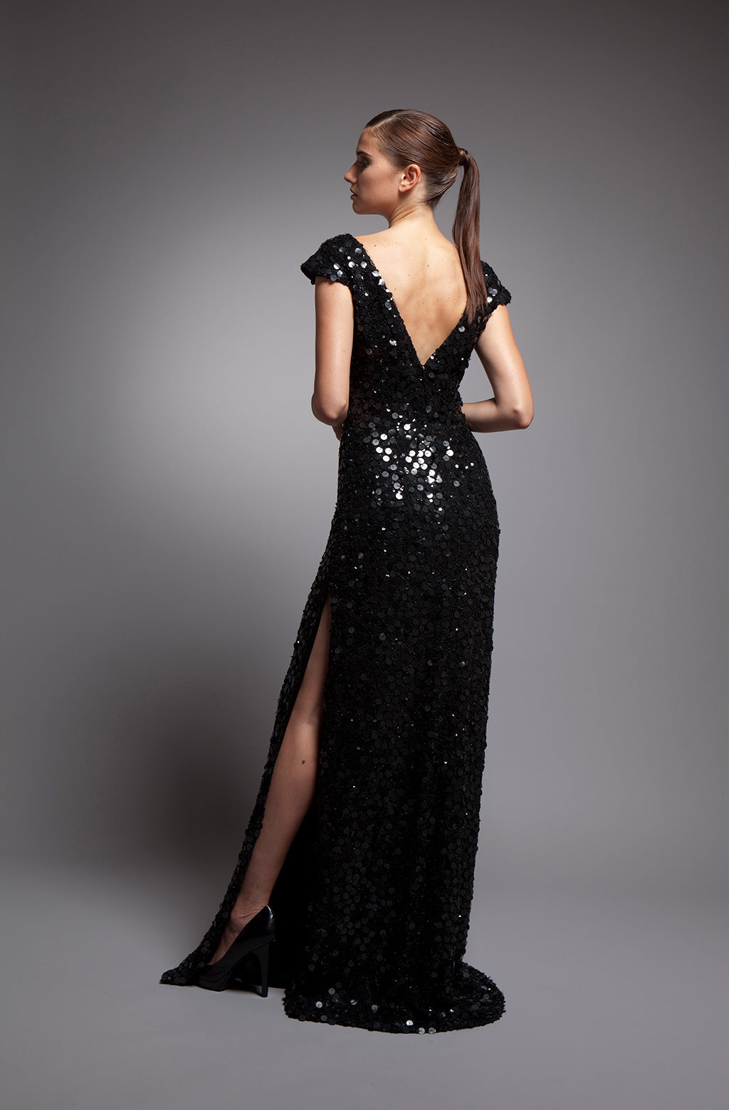 Black Long Sleeve Evening Gown Sequined Stretch Velvet V-Neck Mermaid Dress  | eBay