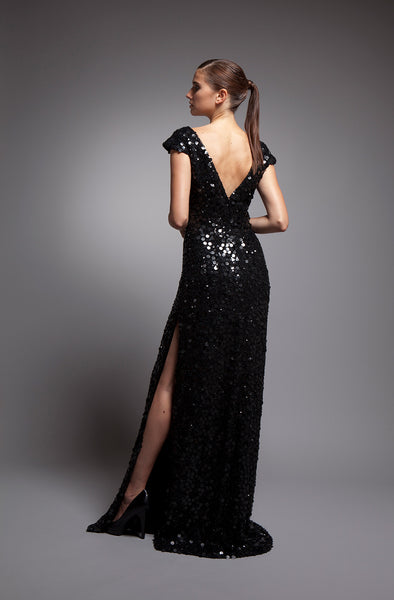 Jacqueline - Black sequin dress with deep v-neck and cap sleeve