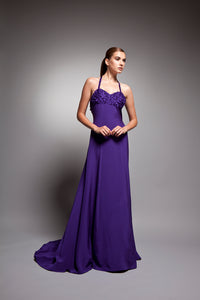 Vivid purple embroidered sweetheart halter custom gown near me