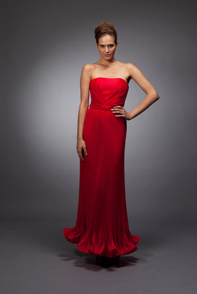 Samantha - Red pleated silk gazar custom gown in New York