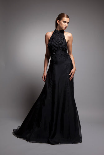 Black silk crepe custom gown near me 