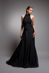 Black silk crepe custom gown near me 